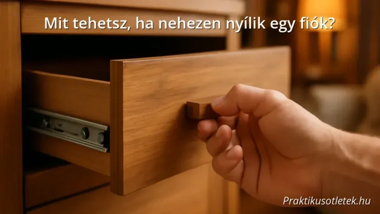 Kéz, amely megpróbál kinyitni egy nehezen mozgó fiókot egy fa szekrényben