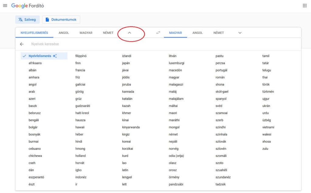 Google fordító nyelvkiválasztás